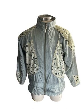Vtg Abvien Women Sz L Gray Nylon Windbreaker Jacket Abstract Paint Metallic Pop